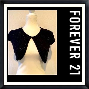 “Forever 21” Black Cropped Short-Sleeve Single-Hook Sequin Cardigan